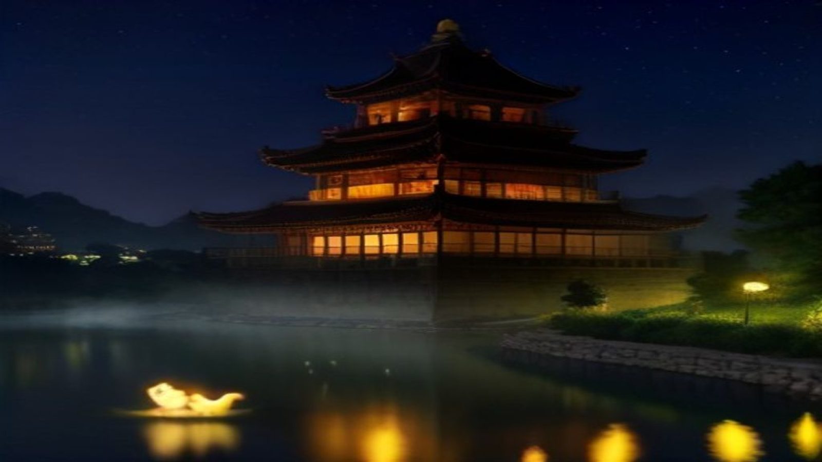 午夜城市全景俯瞰，湖蓝色调霓虹灯光倒映在潮湿街道上，沙色路灯晕染出温暖氛围感，深邃静谧的午夜意境